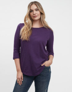 purple boat neck shirt 3/4 sleeve